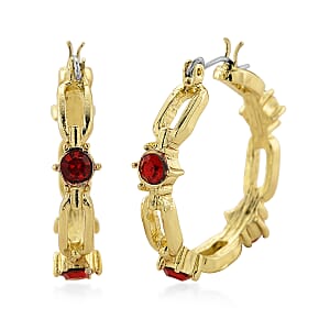 Doorbuster Ruby Color Austrian Crystal Paperclip Chain Hoop Earrings in Goldtone