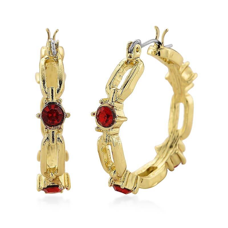 Ruby Color Austrian Crystal Paperclip Chain Hoop Earrings in Goldtone