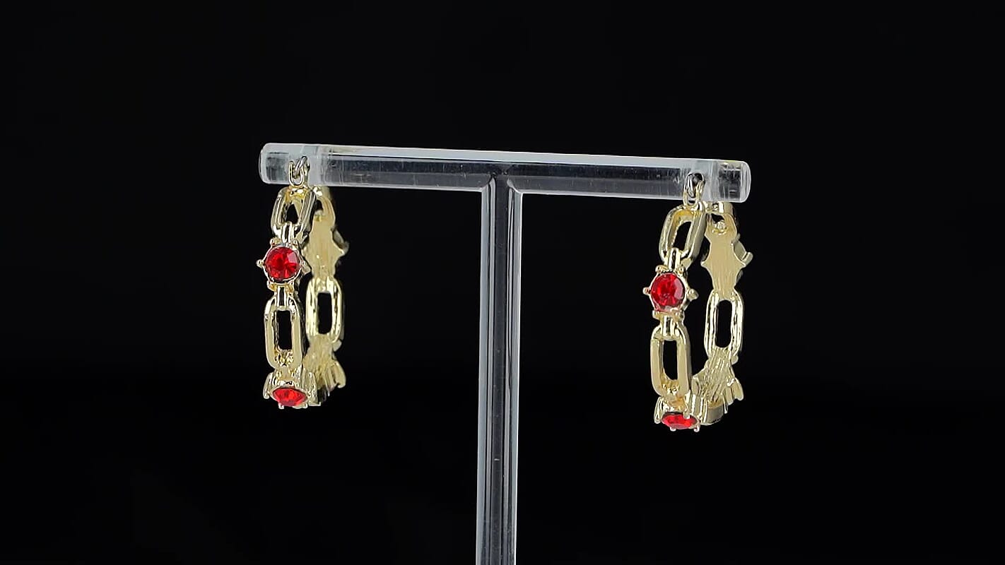 Ruby Color Austrian Crystal Hoop Earrings in Goldtone