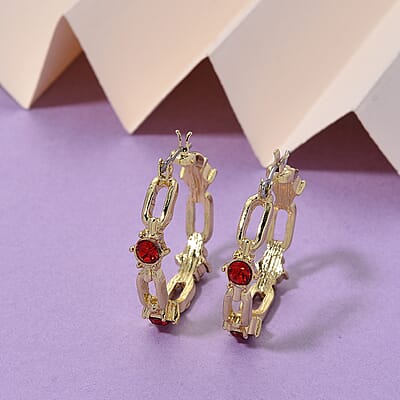 Ruby Color Austrian Crystal Paperclip Chain Hoop Earrings in Goldtone