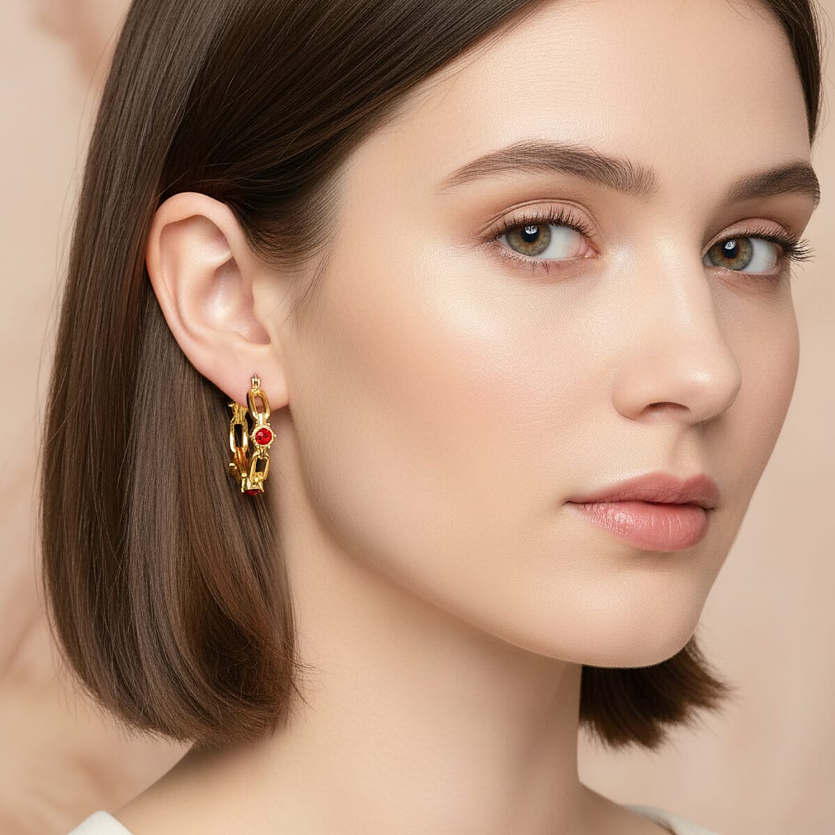 Doorbuster Ruby Color Austrian Crystal Paperclip Chain Hoop Earrings in Goldtone image number 2