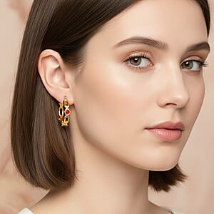 Ruby Color Austrian Crystal Paperclip Chain Hoop Earrings in Goldtone