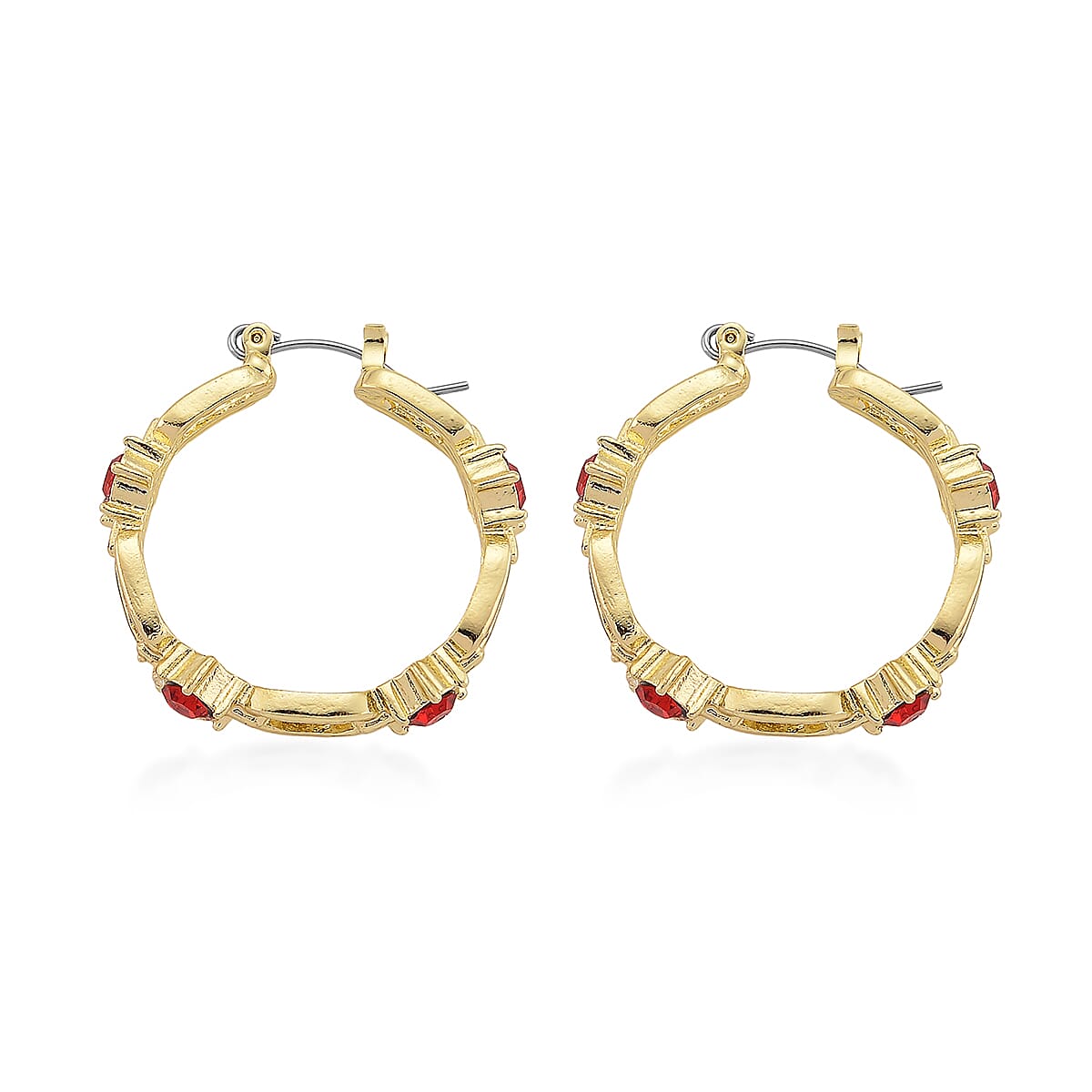 Doorbuster Ruby Color Austrian Crystal Paperclip Chain Hoop Earrings in Goldtone image number 3