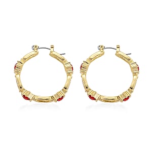 Ruby Color Austrian Crystal Paperclip Chain Hoop Earrings in Goldtone