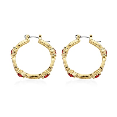Ruby Color Austrian Crystal Paperclip Chain Hoop Earrings in Goldtone