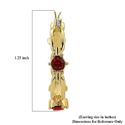 Ruby Color Austrian Crystal Paperclip Chain Hoop Earrings in Goldtone