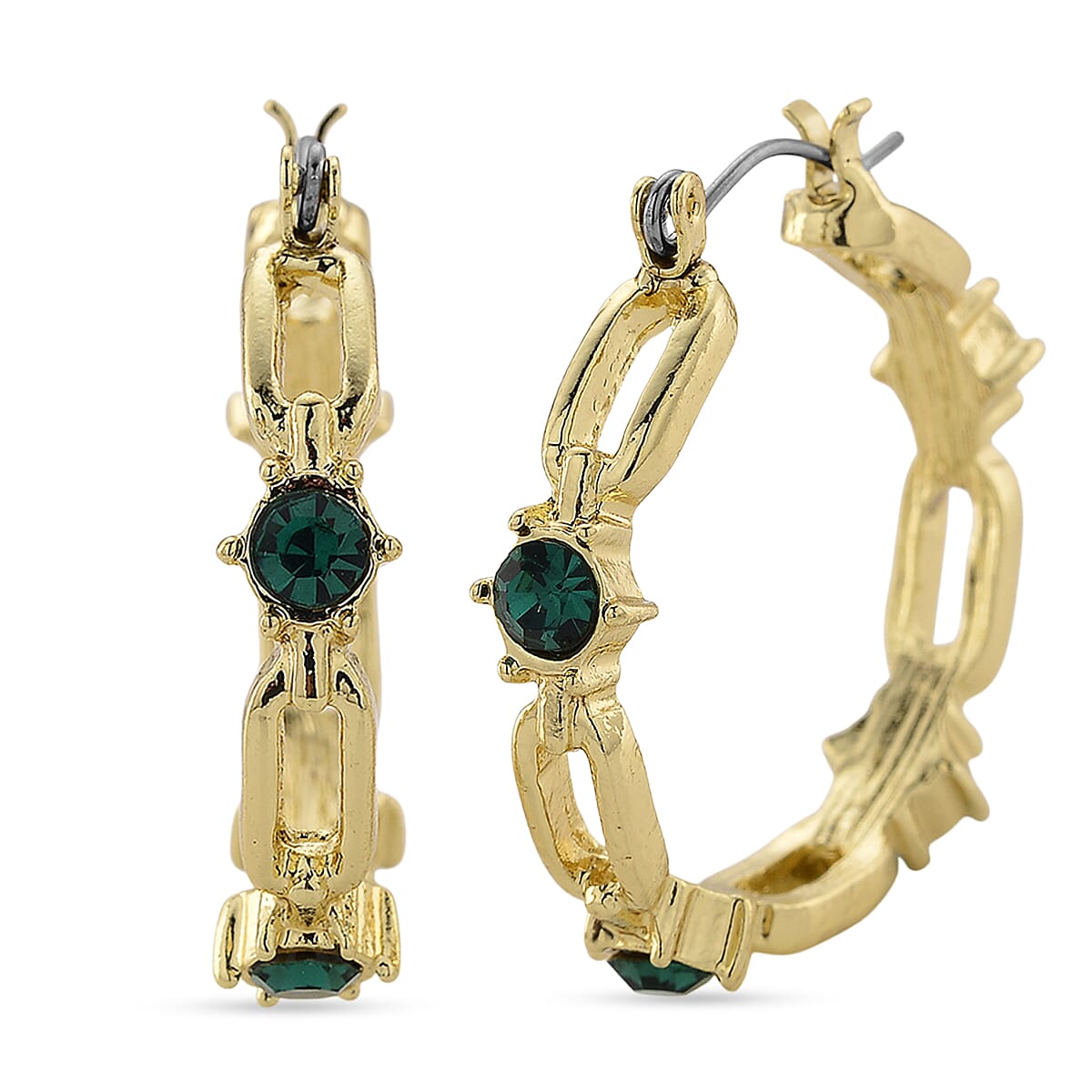 Doorbuster Green Austrian Crystal Paperclip Chain Hoop Earrings in Goldtone image number 0