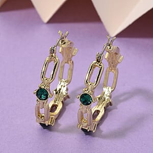Green Austrian Crystal Paperclip Chain Hoop Earrings in Goldtone
