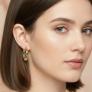 Green Austrian Crystal Paperclip Chain Hoop Earrings in Goldtone