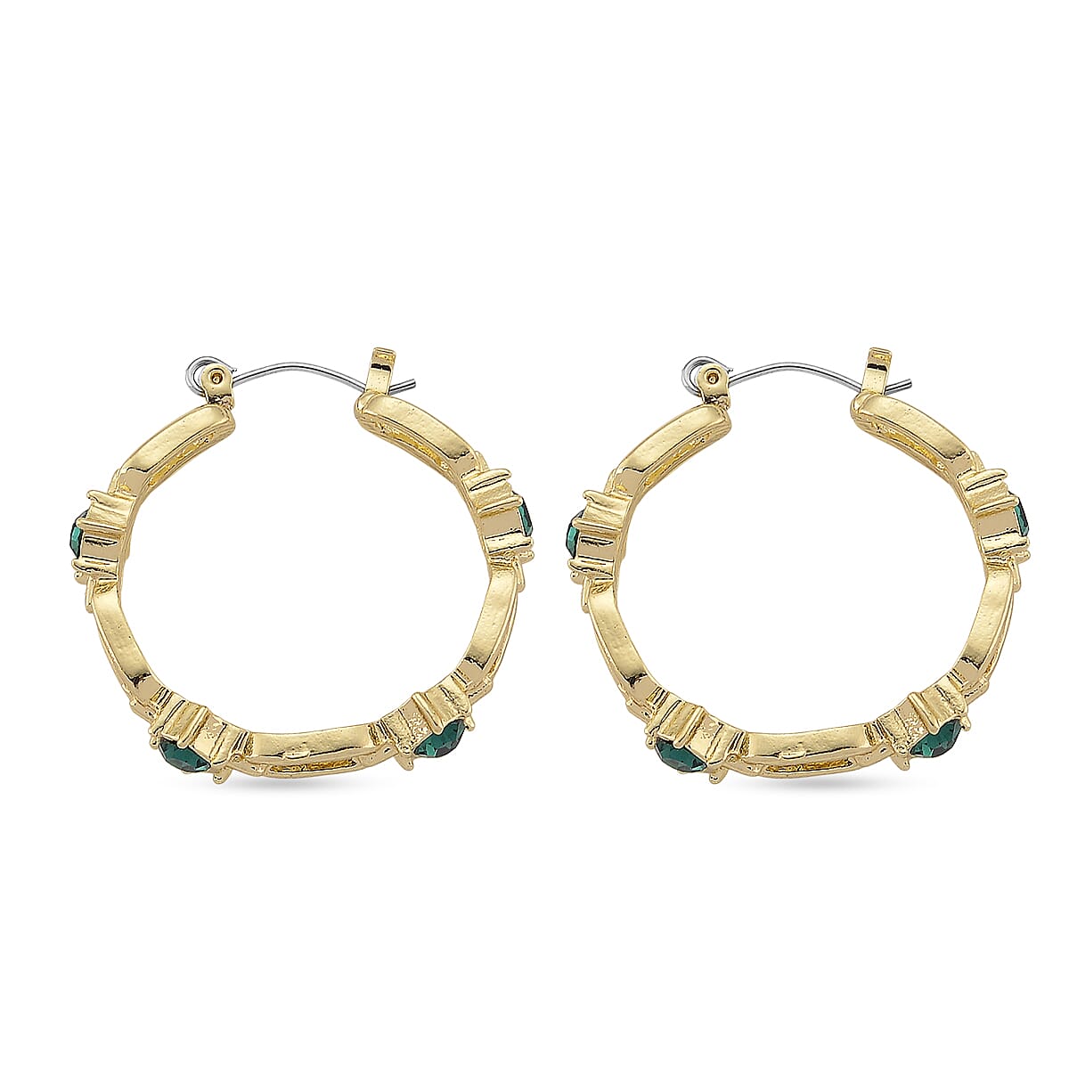 Doorbuster Green Austrian Crystal Paperclip Chain Hoop Earrings in Goldtone image number 3