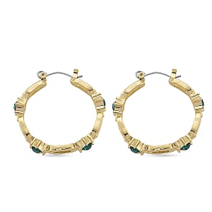 Green Austrian Crystal Paperclip Chain Hoop Earrings in Goldtone