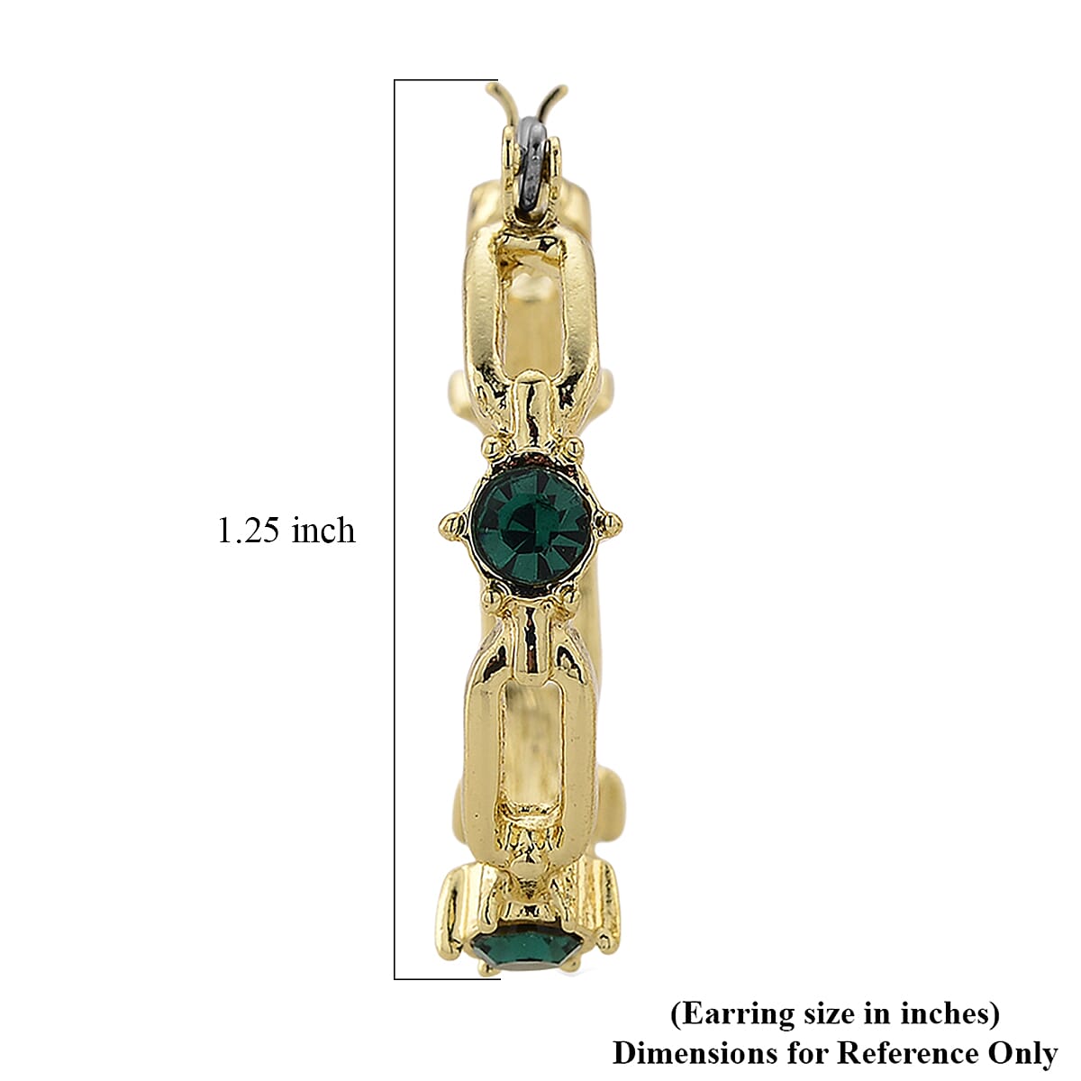 Green Austrian Crystal Paperclip Chain Hoop Earrings in Goldtone