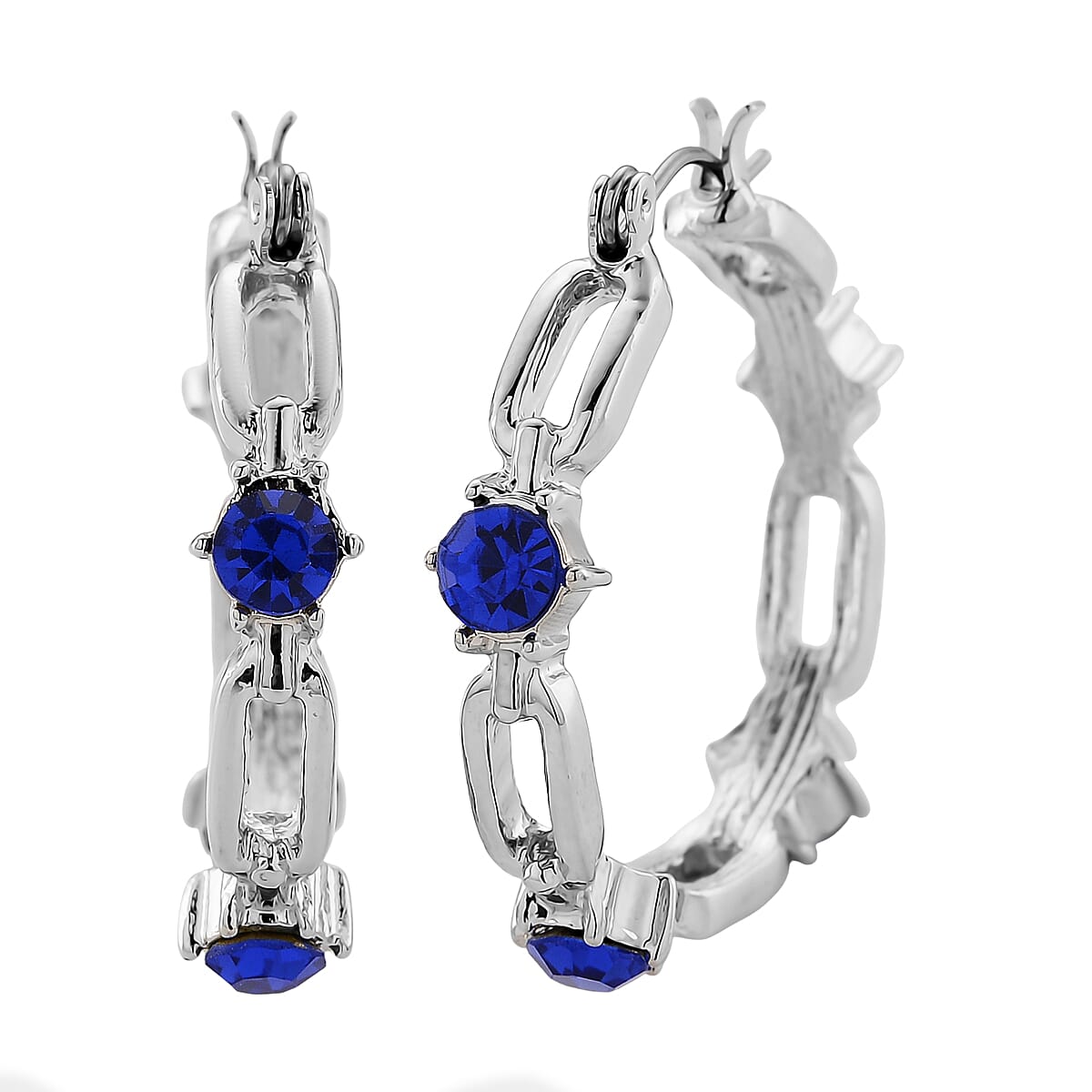 Doorbuster Blue Austrian Crystal Paperclip Chain Hoop Earrings in Silvertone image number 0