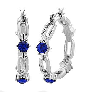 Doorbuster Blue Austrian Crystal Paperclip Chain Hoop Earrings in Silvertone