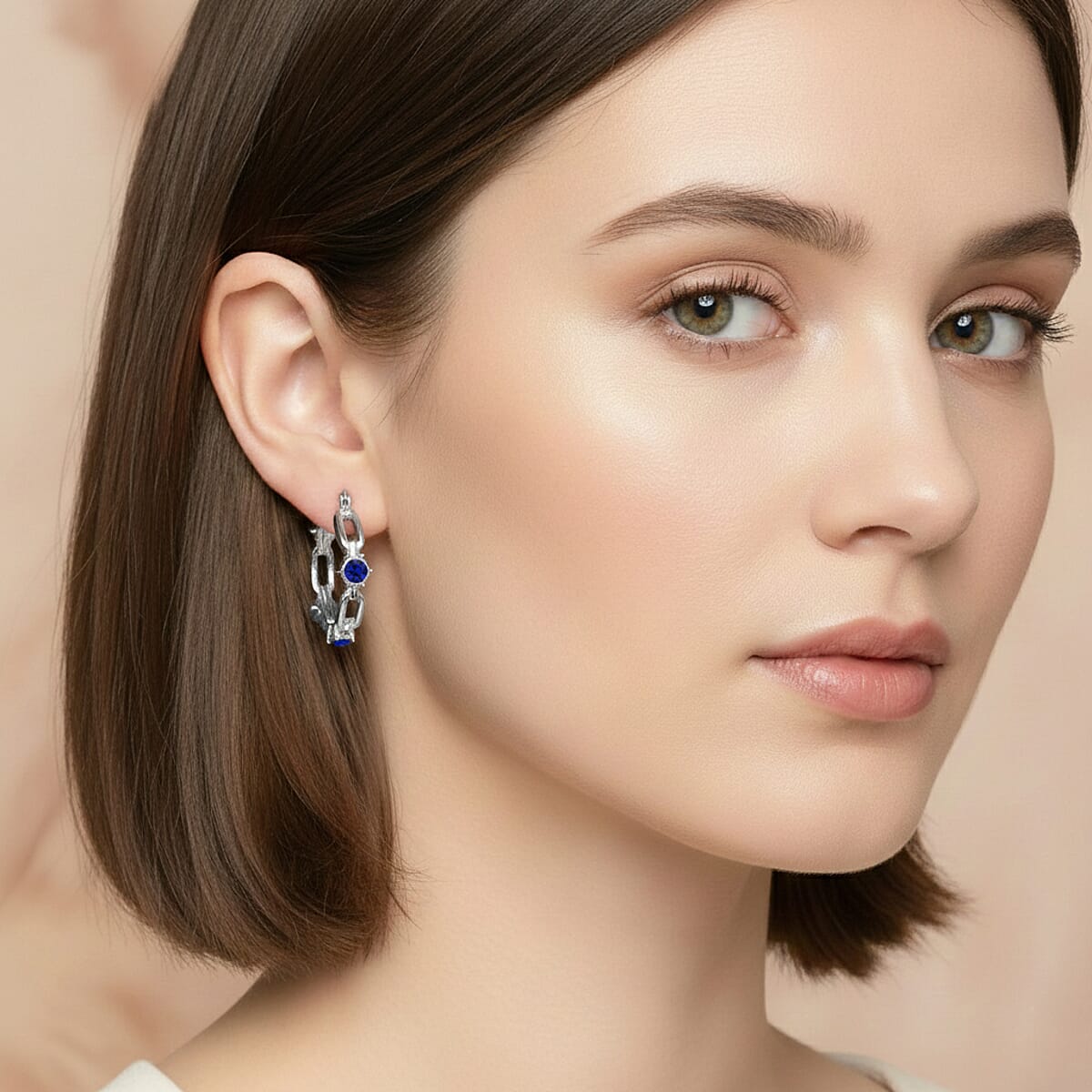 Doorbuster Blue Austrian Crystal Paperclip Chain Hoop Earrings in Silvertone image number 2