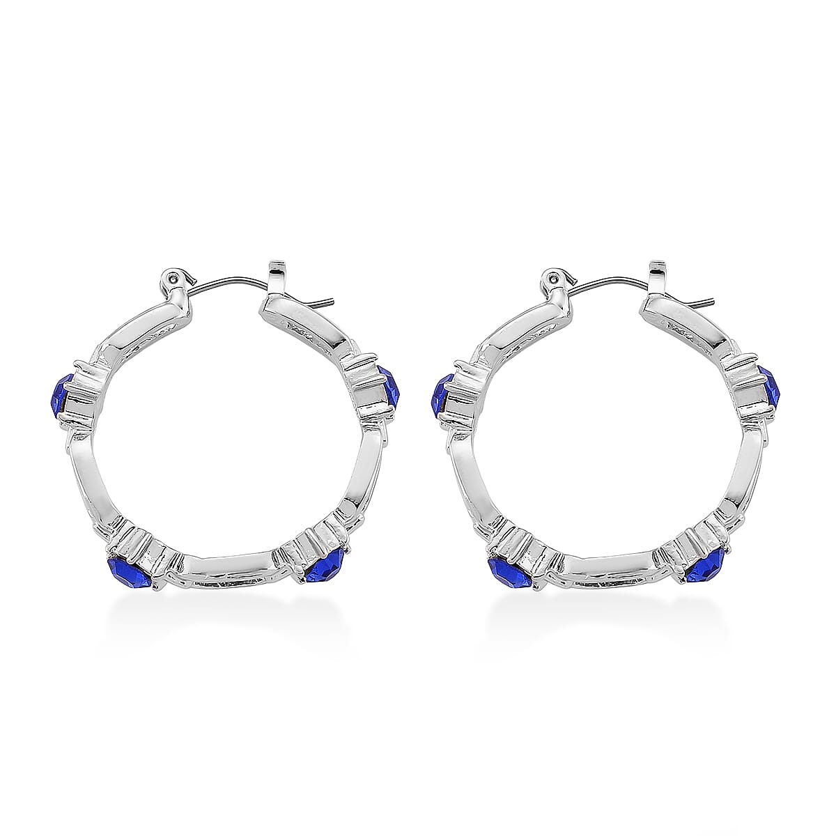 Doorbuster Blue Austrian Crystal Paperclip Chain Hoop Earrings in Silvertone image number 3