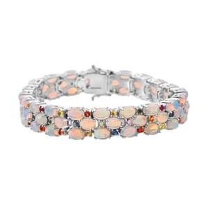 D'Joy Premium Ethiopian Welo Opal and Multi Sapphire 20.80 ctw Bracelet in Rhodium Over Sterling Silver (6.50 In)