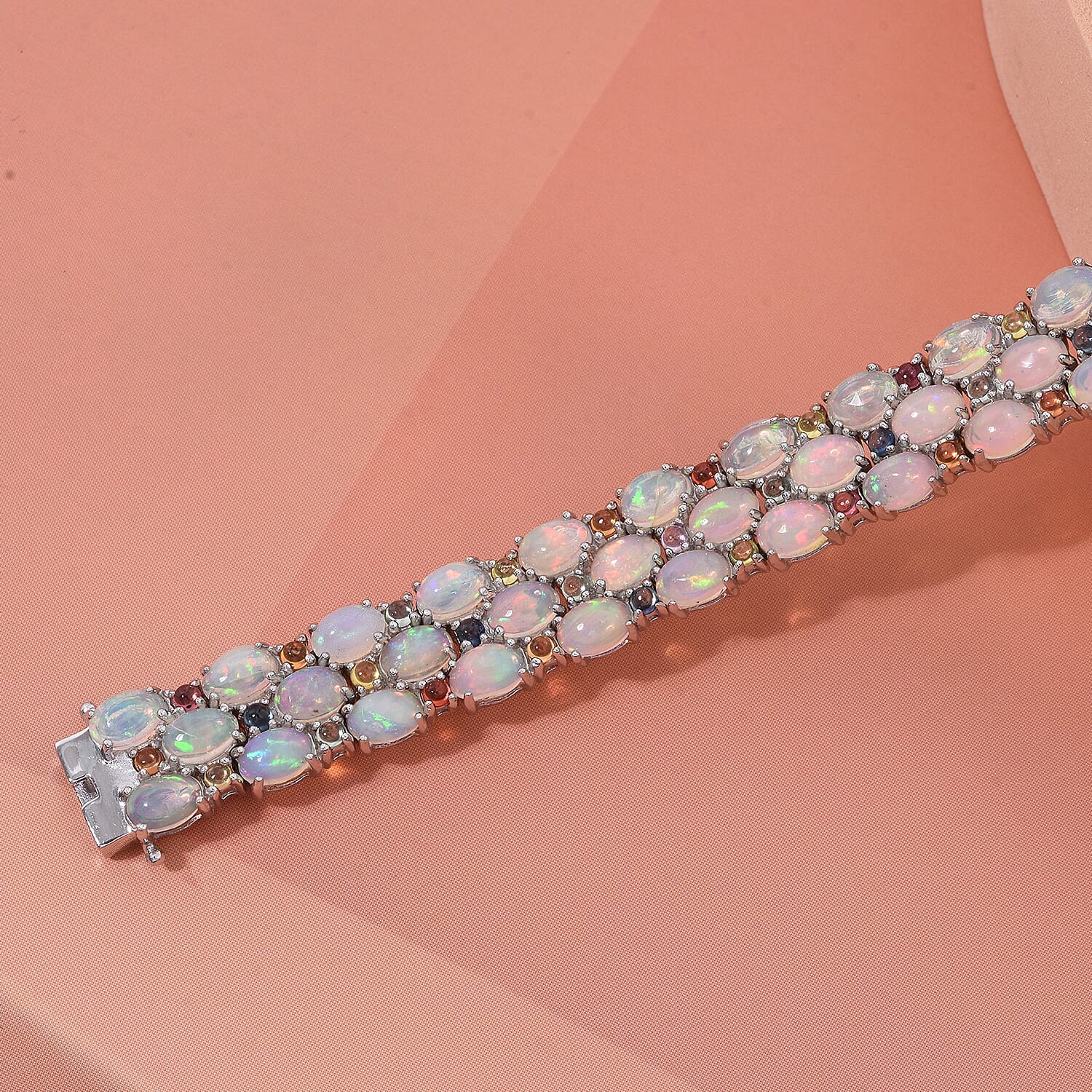 D'Joy Premium Ethiopian Welo Opal and Multi Sapphire 20.80 ctw Welo Radiance Bracelet in Rhodium Over Sterling Silver (6.50 In)