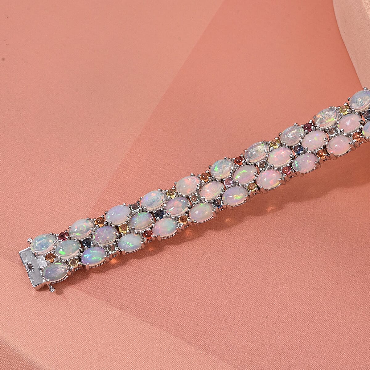 D'Joy Premium Ethiopian Welo Opal and Multi Sapphire 20.80 ctw Welo Radiance Bracelet in Rhodium Over Sterling Silver (6.50 In) image number 1