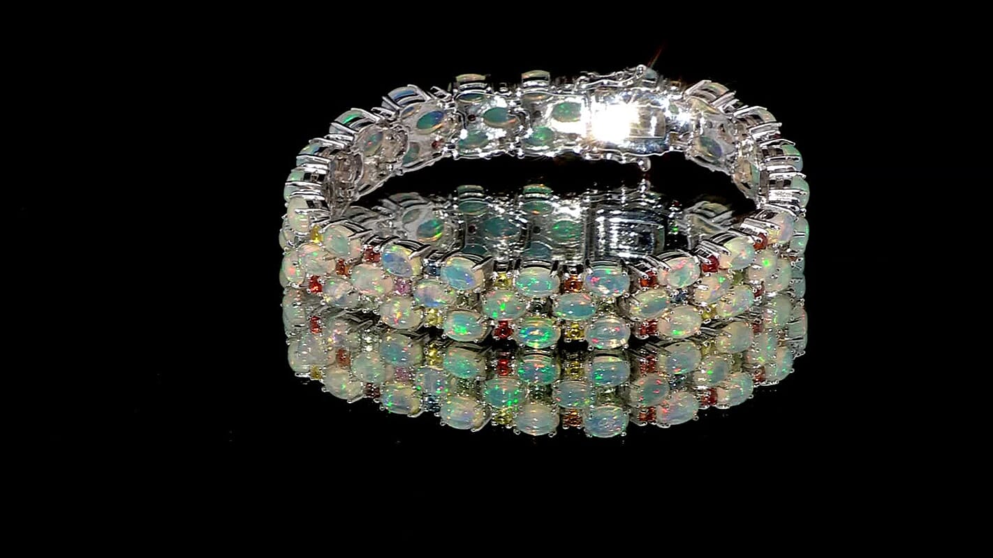 D'Joy Premium Ethiopian Welo Opal, Multi Sapphire Bracelet in Rhodium Over Sterling Silver (6.50 In) 20.80 ctw