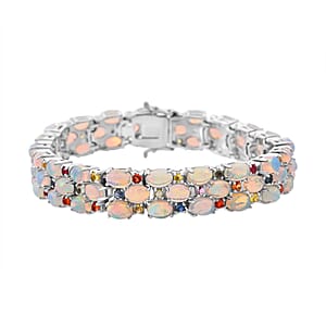 D'Joy Premium Ethiopian Welo Opal and Multi Sapphire 25.45 ctw Welo Radiance Bracelet in Rhodium Over Sterling Silver (8.00 In)