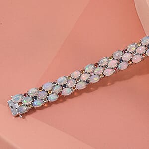 D'Joy Premium Ethiopian Welo Opal and Multi Sapphire 25.45 ctw Welo Radiance Bracelet in Rhodium Over Sterling Silver (8.00 In)