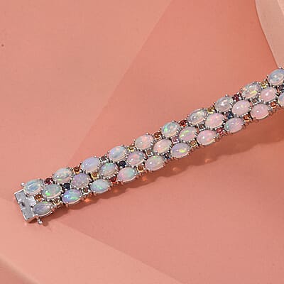 D'Joy Premium Ethiopian Welo Opal and Multi Sapphire 25.45 ctw Welo Radiance Bracelet in Rhodium Over Sterling Silver (8.00 In)