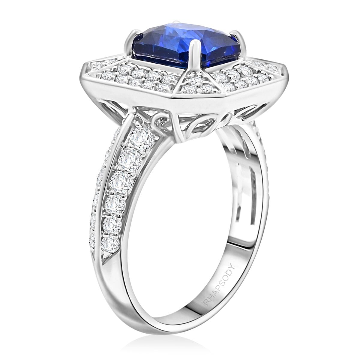 Chairman Collection Certified & Appraised Rhapsody AAAA Ceylon Blue Sapphire and E-F VS Diamond 4.20 ctw Ring in 950 Platinum (Size 7.0)  9.31 Grams image number 3