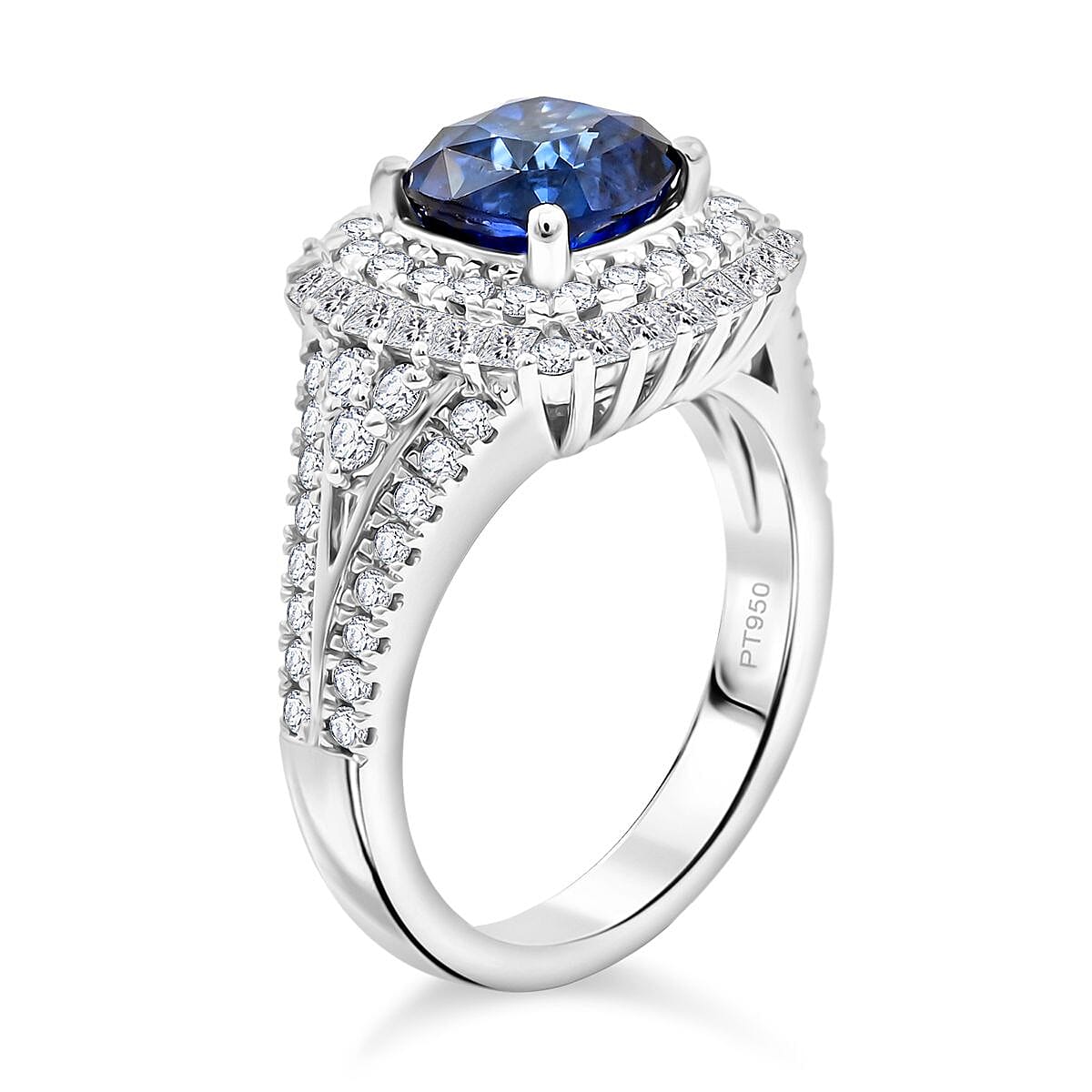 Chairman Collection Certified & Appraised Rhapsody AAAA Ceylon Blue Sapphire and E-F VS Diamond 4.30 ctw Ring in 950 Platinum (Size 7.0)  12.79 Grams image number 3