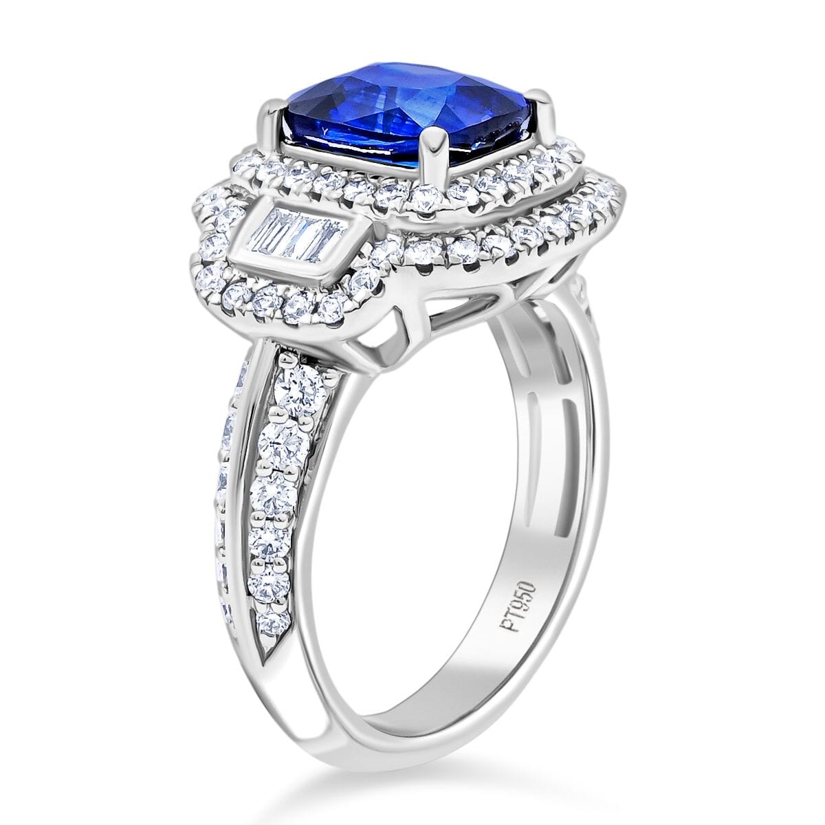 Chairman Collection Certified & Appraised Rhapsody AAAA Ceylon Blue Sapphire and E-F VS Diamond 4.70 ctw Ring in 950 Platinum (Size 7.0)  12.21 Grams image number 3