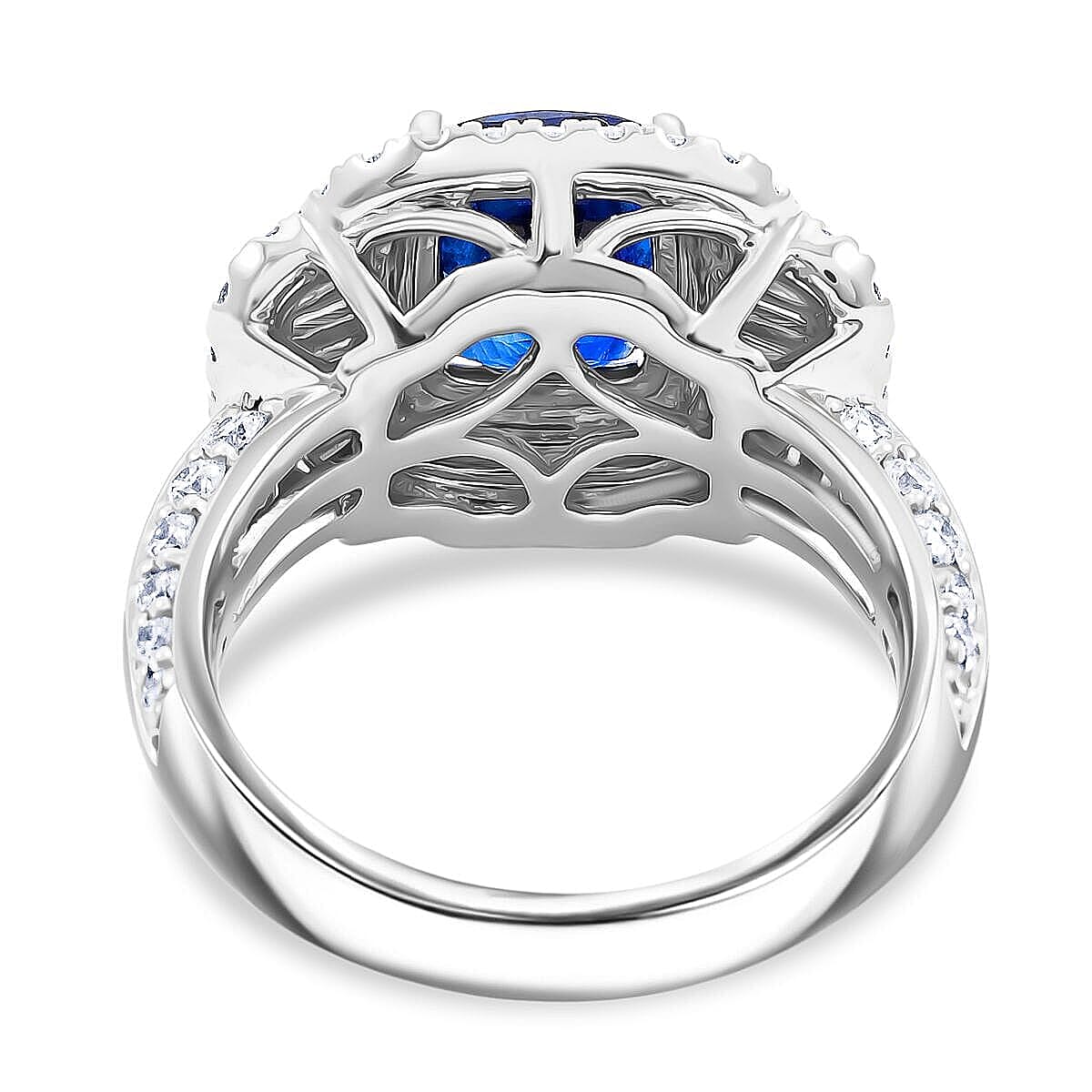 Chairman Collection Certified & Appraised Rhapsody AAAA Ceylon Blue Sapphire and E-F VS Diamond 4.70 ctw Ring in 950 Platinum (Size 8.0)  12.21 Grams image number 4