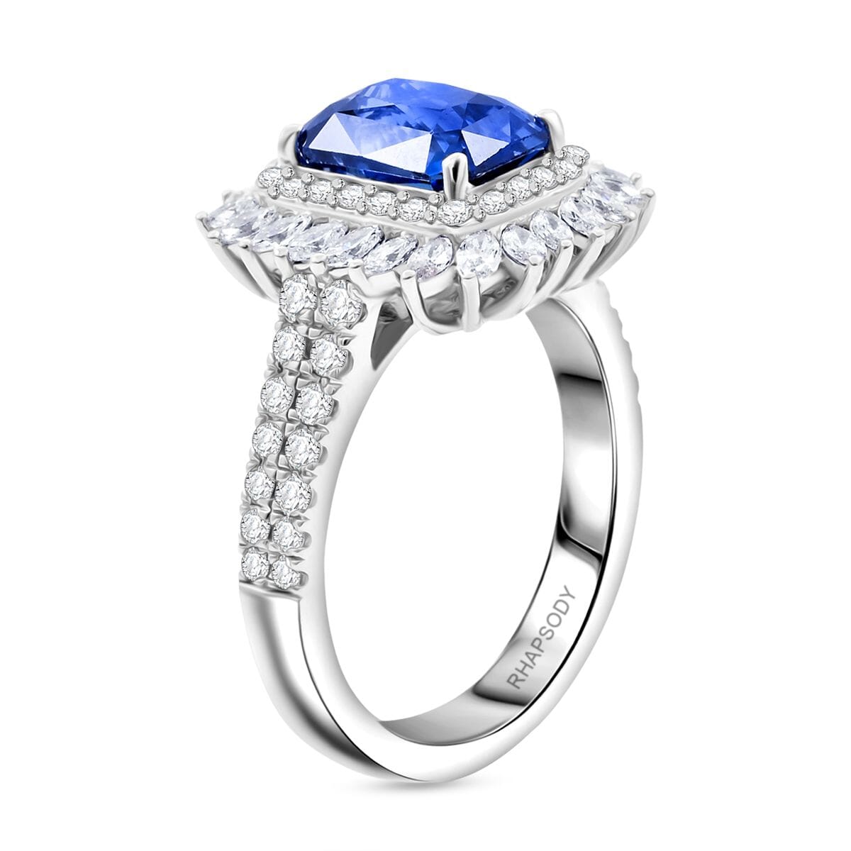 Chairman Collection Certified & Appraised Rhapsody AAAA Ceylon Blue Sapphire and E-F VS Diamond 4.55 ctw Ring in 950 Platinum (Size 7.0)  10.20 Grams image number 3