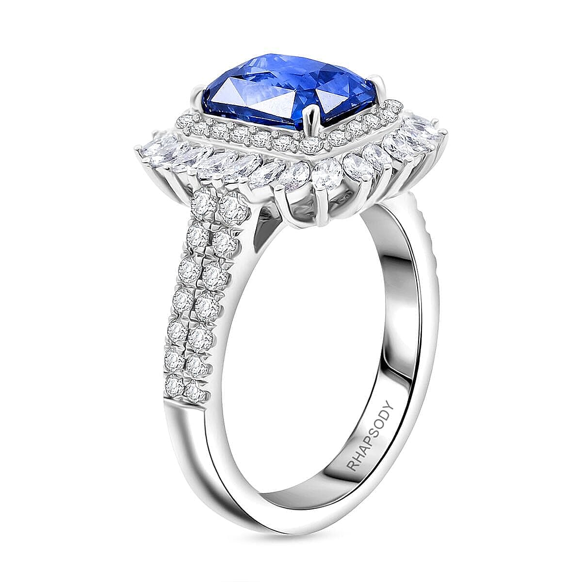 Chairman Collection Certified & Appraised Rhapsody AAAA Ceylon Blue Sapphire and E-F VS Diamond 4.55 ctw Ring in 950 Platinum (Size 8.0)  10.20 Grams image number 3