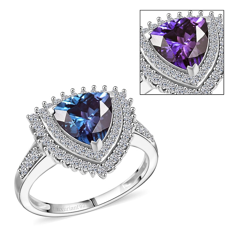Luxuriant Lab Grown Alexandrite, White Zircon Ring in Rhodium Over Sterling Silver 3.25 ctw (Size 10.0)