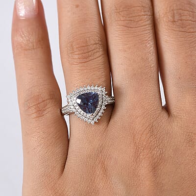 Luxuriant Lab Grown Alexandrite, White Zircon Ring in Rhodium Over Sterling Silver 3.25 ctw (Size 10.0)