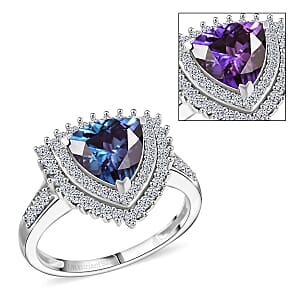 Luxuriant Premium Lab Grown Alexandrite and White Zircon 3.25 ctw Radiant Eclipse Ring in Rhodium Over Sterling Silver (Size 7.0)