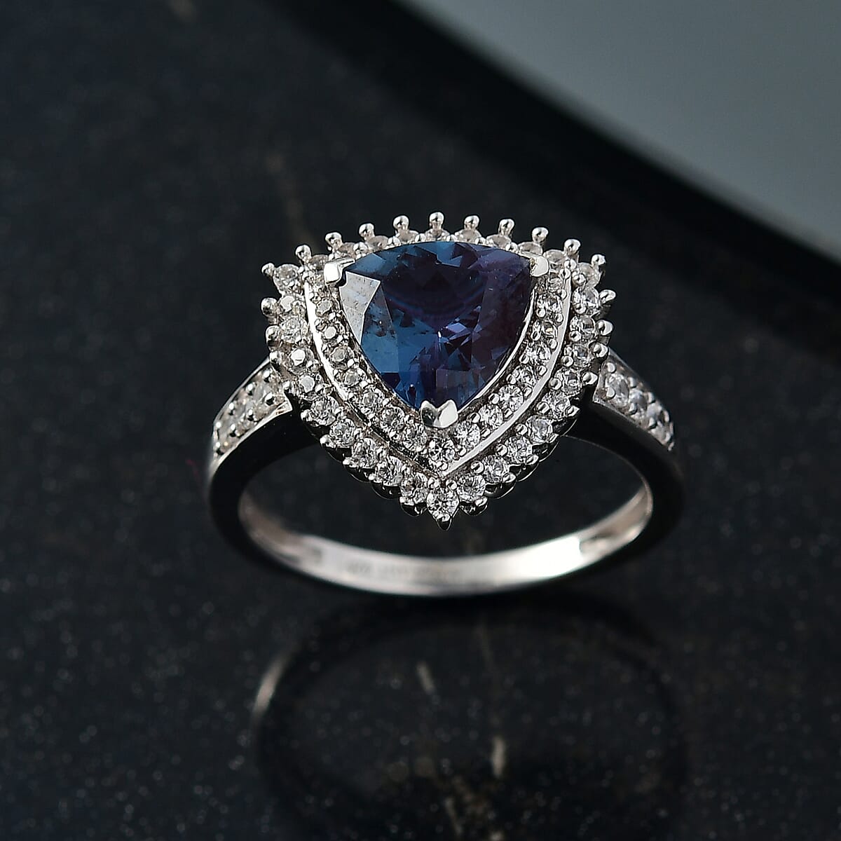 Luxuriant Premium Lab Grown Alexandrite and White Zircon 3.25 ctw Radiant Eclipse Ring in Rhodium Over Sterling Silver (Size 7.0) image number 1