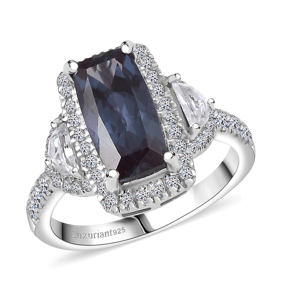 Luxuriant Premium Lab Grown Alexandrite and White Zircon 4.80 ctw Midnight Crown Ring in Rhodium Over Sterling Silver (Size 10.0) image number 0