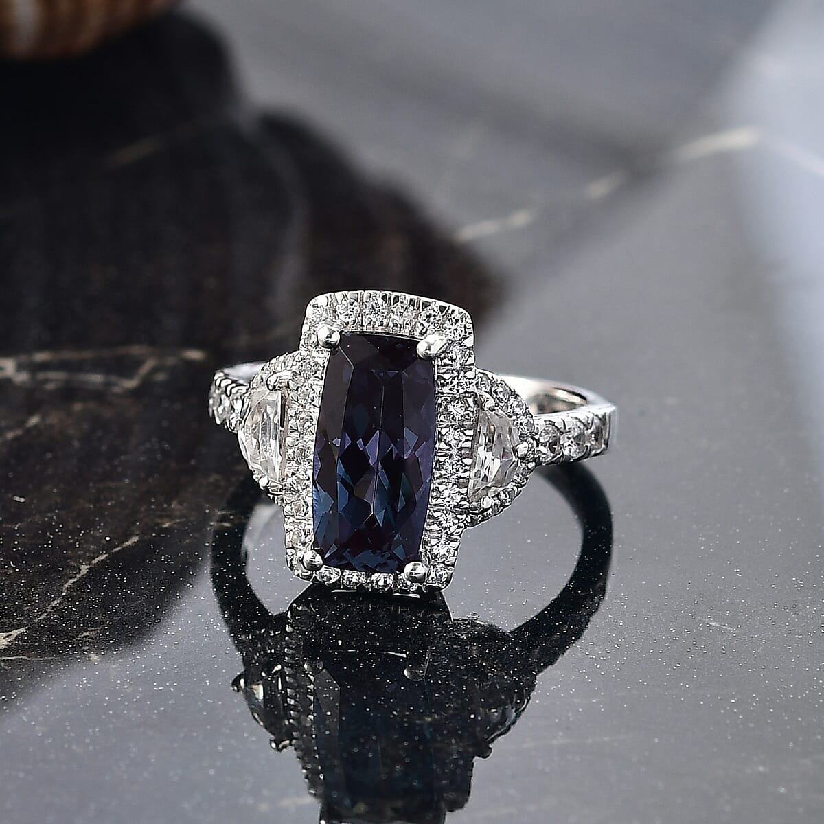 Luxuriant Premium Lab Grown Alexandrite and White Zircon 4.80 ctw Midnight Crown Ring in Rhodium Over Sterling Silver (Size 10.0) image number 1