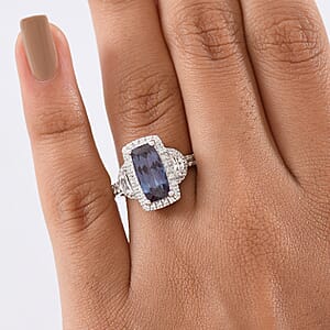 Luxuriant Premium Lab Grown Alexandrite and White Zircon 4.80 ctw Midnight Crown Ring in Rhodium Over Sterling Silver (Size 10.0)