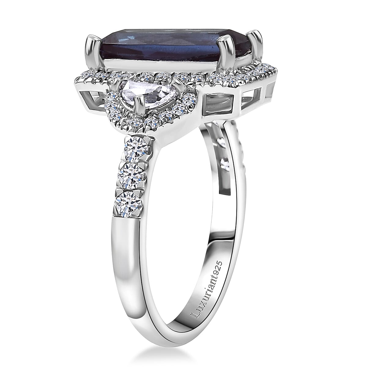 Luxuriant Premium Lab Grown Alexandrite and White Zircon 4.80 ctw Midnight Crown Ring in Rhodium Over Sterling Silver (Size 10.0) image number 3
