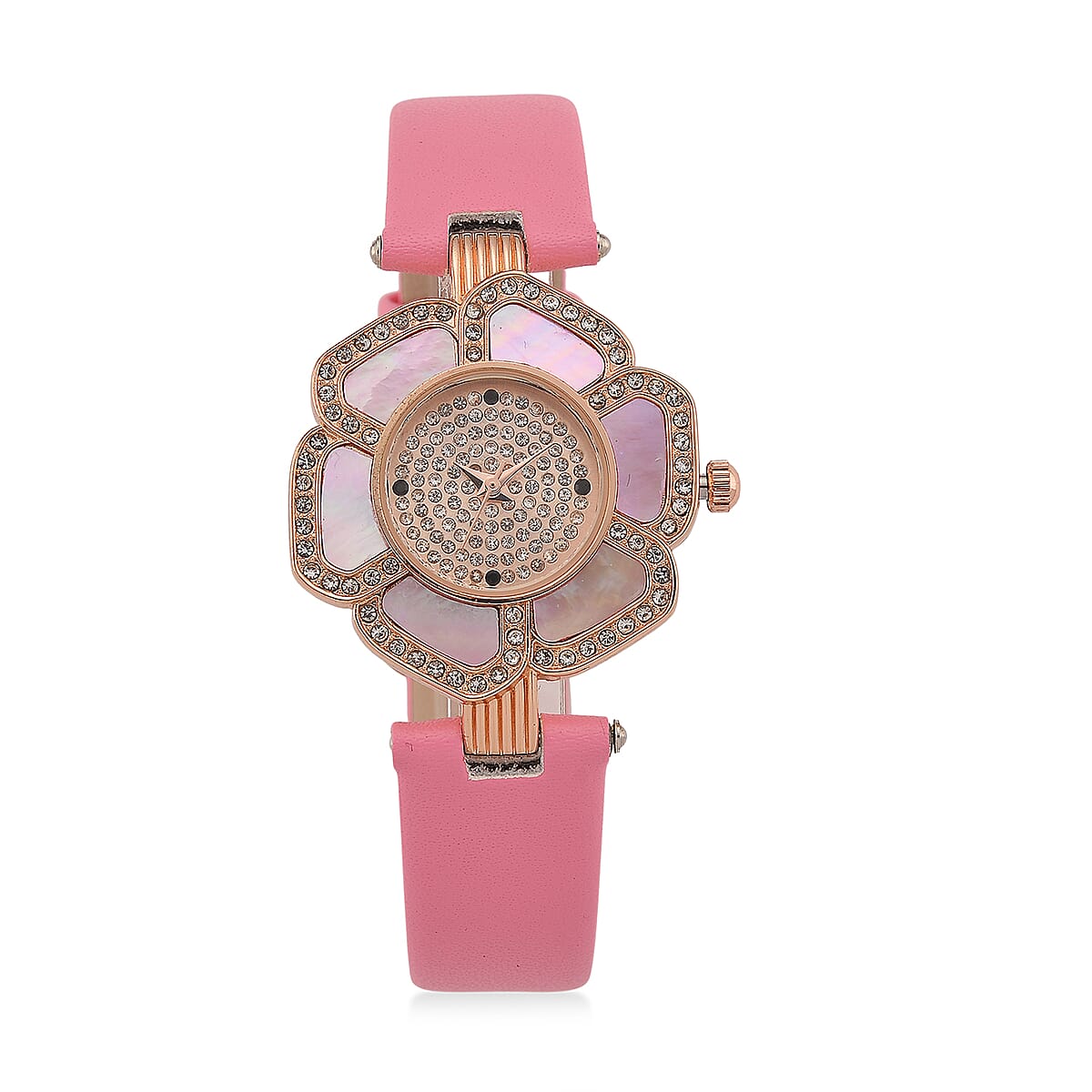 Genoa Pink Mother of Pearl and Austrian Crystal Miyota Japanese Movement Floral Watch with Pink Leather Strap image number 0