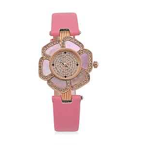 Genoa Pink Mother of Pearl and Austrian Crystal Miyota Japanese Movement Floral Watch with Pink Leather Strap