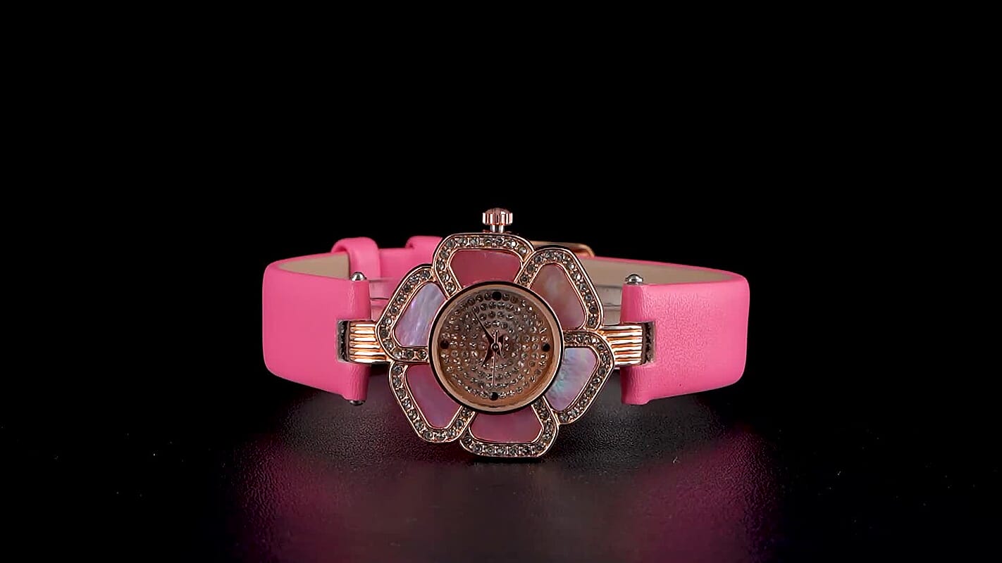 Genoa Pink Mother of Pearl and Austrian Crystal Miyota Japanese Movement Floral Watch with Pink Leather Strap