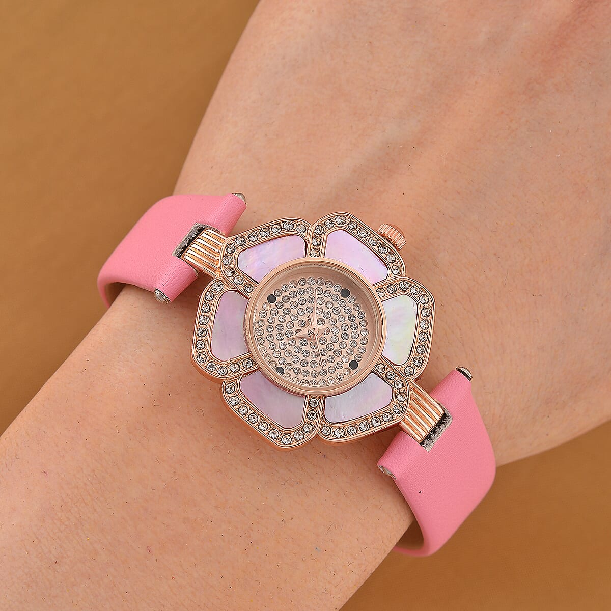 Genoa Pink Mother of Pearl and Austrian Crystal Miyota Japanese Movement Floral Watch with Pink Leather Strap image number 1