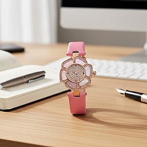 Genoa Pink Mother of Pearl and Austrian Crystal Miyota Japanese Movement Floral Watch with Pink Leather Strap