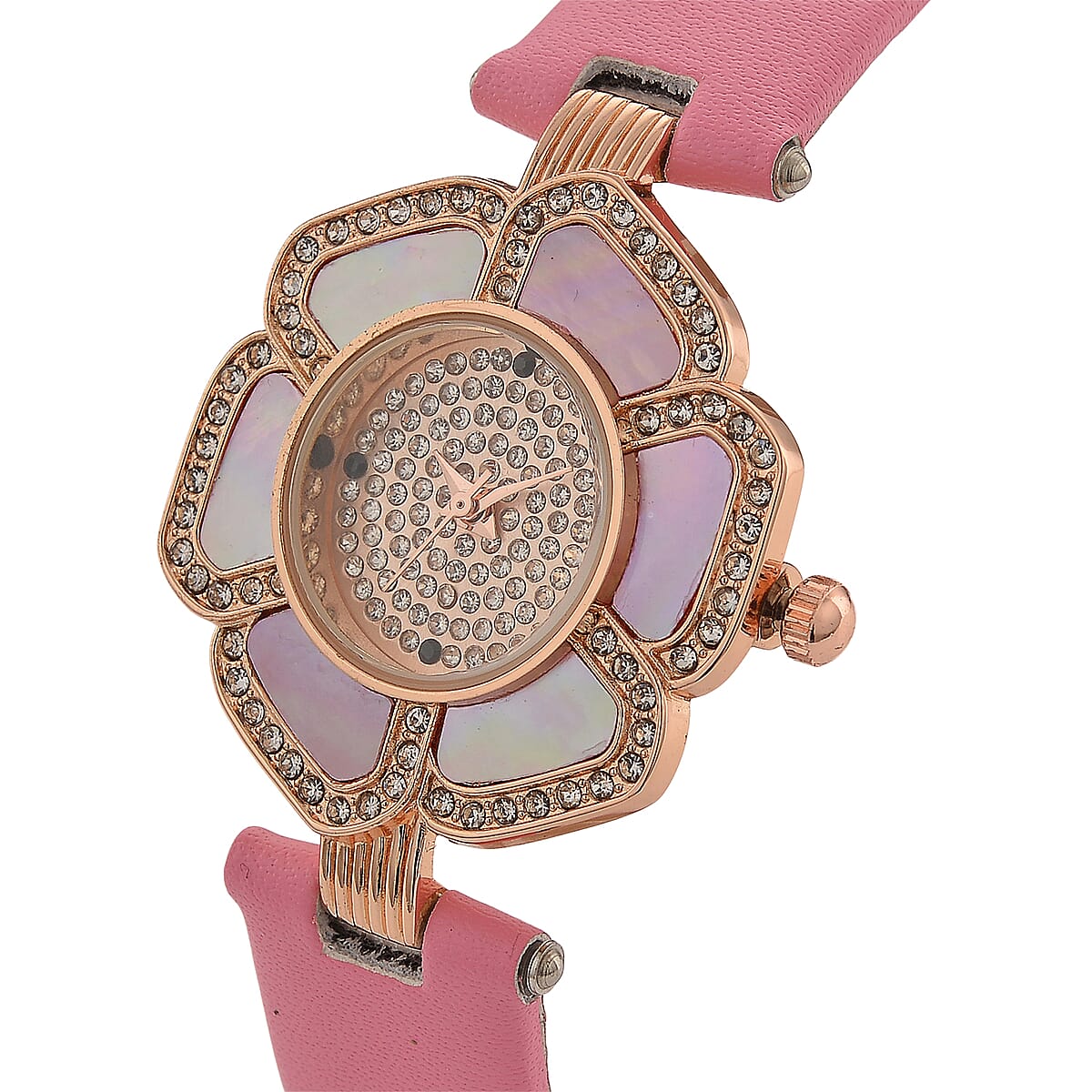 Genoa Pink Mother of Pearl and Austrian Crystal Miyota Japanese Movement Floral Watch with Pink Leather Strap image number 2