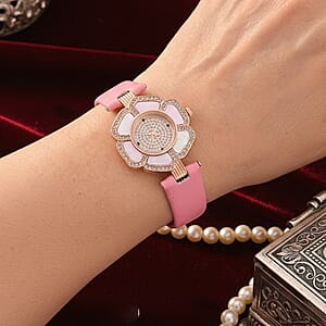 Genoa Pink Mother of Pearl and Austrian Crystal Miyota Japanese Movement Floral Watch with Pink Leather Strap