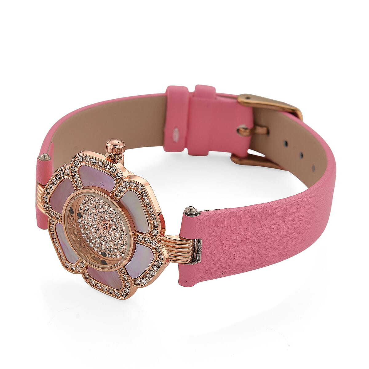 Genoa Pink Mother of Pearl and Austrian Crystal Miyota Japanese Movement Floral Watch with Pink Leather Strap image number 4