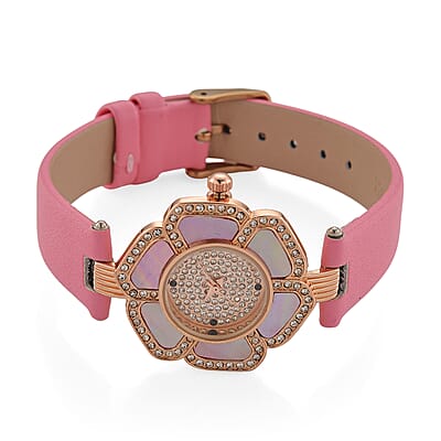 Genoa Pink Mother of Pearl and Austrian Crystal Miyota Japanese Movement Floral Watch with Pink Leather Strap